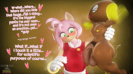 anthro balls big_balls big_penis blush bodily_fluids dialogue dripping duo female flaccid flailing flustered genital_fluids genitals larger_female looking_at_genitalia looking_at_penis male motion_lines penis penis_awe precum precum_drip pubes ring_(jewelry) size_difference small_but_hung smaller_male sweat sweatdrop text highv0ltage warfaremachine_(modeler) sega sonic_boom sonic_the_hedgehog_(series) amy_rose chocola_the_chao warfare_amy chao_(sonic) eulipotyphlan hedgehog humanoid mammal 16:9 3d_(artwork) digital_media_(artwork) english_text hi_res widescreen