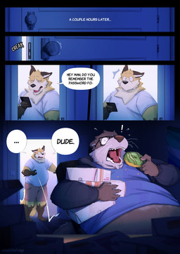 anthro bedroom chair container dialogue duo eyewear food furniture glasses male on_chair overweight overweight_male sitting sitting_on_chair speech_bubble text whiskers foxinthefridge fridgey_(foxinthefridge) canid canine fish fox mammal marine mustelid otter absurd_res comic english_text hi_res