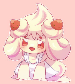 apron clothing female food fruit looking_at_viewer pink_body plant simple_background solo strawberry yakiniku628 nintendo pokemon alcremie generation_8_pokemon humanoid pokemon_(species) strawberry_sweet_alcremie vanilla_cream_alcremie