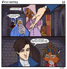 anthro archway banner beak blood blood_drip blood_from_arm blood_on_hand bodily_fluids bored clasped_hands closed_door clothing dialogue door double_door dripping eyes_closed female feral gloves group guard guard_position handwear hat_feather headdress headgear headwear holding_melee_weapon holding_object holding_polearm holding_spear holding_weapon insignia kokoshnik loose_feather male melee_weapon polearm sitting spear standing stone_floor stone_wall text wall_(structure) weapon wide_eyed winged_arms wings wood wood_door worried sir_paulus disney robin_hood_(disney) lady_kluck lisabeth_(lord_paulus) maid_marian pavel_(sir_paulus) sir_hiss avian bird canid canine canis chicken fox galliform human mammal phasianid reptile scalie snake wolf comic english_text hi_res