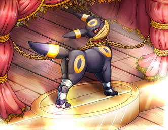anus auction auction_block bdsm bondage bound cloth feral feral_bondage gag gagged male muzzle_(object) muzzled otm solo stage tape raptorroper nintendo pokemon eeveelution generation_2_pokemon pokemon_(species) umbreon hi_res
