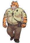 anthro bottomwear clothing humanoid_hands kemono male orange_body overweight overweight_male pants police shirt simple_background solo topwear amamiya felid mammal pantherine tiger 2023