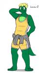 5:8 absurd_res alligator alligatorid anthro character_name clothed clothing crocodilian fully_clothed fuze hi_res leo_abel male reptile scalie simple_background solo texnatsu white_background wrestling_singlet