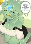 big_breasts biped breasts clothed clothing dialogue eyelashes eyes_closed female green_body kneeling not_furry open_mouth shirt solo speech_bubble text thick_thighs three-quarter_view topwear wet wet_clothing wet_shirt wet_topwear junkzero goo_creature goo_humanoid humanoid absurd_res hi_res