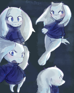 3_fingers 3_toes ambiguous_gender angry anthro blue_clothing blue_eyes blue_sweater blue_topwear blush bottomless cat_smile closed_frown closed_smile clothed clothing eyebrows eyelashes facial_scar featureless_crotch feet fingers floppy_ears frown fur furrowed_eyebrows grey_background looking_at_viewer looking_up looking_up_at_viewer mouth_closed multiple_angles scar scut_tail short_tail side_view simple_background smile solo standing sweater sweater_only tail talking_to_viewer toes topwear topwear_only white_body white_fur wide_hips x_scar itsyugs cave_story sue_sakamoto lagomorph mammal mimiga 4:5 absurd_res hi_res multiple_images watermark female_(lore)