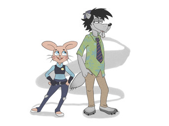 accessory anthro clothed clothing cosplay crossover_cosplay duo fully_clothed male necktie police police_uniform shirt simple_background topwear uniform white_background beli-vran disney soyuzmultfilm well_just_you_wait! zootopia judy_hopps nick_wilde volk_(wjyw) zayats_(wjyw) canid canine canis hare lagomorph leporid mammal wolf crossover