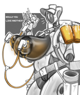 alcohol beer beer_mug belt beverage big_breasts bodily_fluids breast_milking breast_storage breasts cavity_storage clothing collar cowbell cowbell_collar dripping_breasts female genitals gesture hand_gesture hat headgear headwear lactating machine milking_machine screen screen_face solo text unusual_bodily_fluids unusual_lactation v_sign vulva zzvinniezz love_and_monsters mav1s humanoid robot robot_humanoid absurd_res hi_res