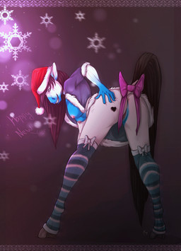 anthro bent_over breasts butt christmas_clothing christmas_headwear clothed clothing female genitals hat headgear headwear holidays legwear looking_at_viewer nipples santa_hat smile solo standing stockings vulva unistaart christmas straw_berry draft_horse equid equine horse hybrid mammal vampire