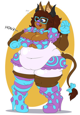 accessory anthro belly belly_overhang belly_rolls big_belly big_breasts biped blep blue_eyes bodysuit boots bottomwear bow_ribbon bow_tie breast_poke breasts brown_body brown_fur brown_hair button_(fastener) cleavage clothed clothing clown clown_nose clown_transformation clownification cute_fangs eyelashes eyewear fangs female footwear fur furgonomics giggle glasses gloves hair handwear high_heels honk horn implied_transformation legwear lipstick long_socks love_handles makeup navel_outline overweight overweight_anthro overweight_female polka_dots ponytail purple_lipstick rectangular_glasses ribbons shoes silly simple_background skinsuit smile socks sound_effects standing tail tail_accessory tail_bow tail_ribbon teeth thick_thighs tight_clothing tongue tongue_out touching_breast touching_self wearing_glasses wide_hips blewdle swan_lovejoy bovid bovine canid canine canis cattle hybrid mammal wolf 2019 digital_drawing_(artwork) digital_media_(artwork) full-length_portrait portrait