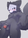 4_fingers anthro balls black_balls black_body black_fur black_penis black_tail blush chest_tuft fingers foreskin fur fur_tuft genitals glans humanoid_genitalia humanoid_penis looking_down male nude penis pink_foreskin pink_glans solo tail tuft young young_anthro young_male popkage changed_(video_game) puro_(changed) canid canine mammal 2024 censored hi_res