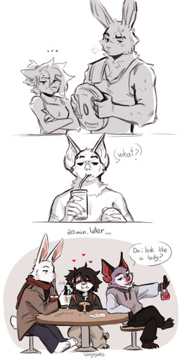 5_fingers anthro barefoot beverage biped bottomwear breasts breath claws clicking clothed clothed_anthro clothed_female clothed_male clothing coat container crossed_arms crossed_legs cup cute_fangs dialogue drinking_straw eating eating_food ellipsis eyebrow_scar eyebrows eyes_closed facial_scar fangs feet female female_anthro finger_claws fingernails fingers food fully_clothed fully_clothed_anthro fully_clothed_female fully_clothed_male fur furniture group hair happy heart_symbol hearts_around_head holding_beverage holding_container holding_cup holding_food holding_object hoodie humanoid_hands larger_male long_ears long_fingernails male male_anthro monotone_body monotone_fur monotone_hair mouth_closed multicolored_body multicolored_fur nails narrowed_eyes notched_ear on_stool one_fang pants plantigrade question scar scarf scut_tail sharp_fingernails sharp_nails shirt short_hair short_tail sitting sitting_on_stool size_difference smaller_female smile sound_effects speech_bubble stool table tail talking_to_another tank_top teeth text toe_claws toes topwear trio spuydjeks marshall_(spuydjeks) miles_(spuydjeks) spuydjeks_(character) bat hyena lagomorph leporid mammal rabbit wingless_bat 2025 absurd_res artist_name comic english_text hi_res multiple_scenes