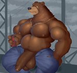 anthro balls biceps big_balls big_muscles big_penis bodily_fluids bottomwear brown_body brown_fur can clothed clothing container detailed_background facial_scar foreskin fur genitals half-erect holding_can holding_container holding_object huge_balls huge_penis humanoid_genitalia humanoid_penis jewelry male muscular muscular_male necklace nipples pants pecs penis scar solo sweat topless topless_male vein veiny_penis fleshformomo mihoyo zenless_zone_zero ben_bigger bear mammal hi_res