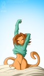 anthro barefoot bottomless brown_body brown_fur brown_hair clothed clothing eyes_closed feet female fur genitals hair pussy shirt solo stretching tail topwear conditional_dnp jollyjack third-party_edit sequential_art kat_vance domestic_cat felid feline felis mammal 2014