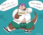 anthro belly bottomwear brown_body brown_fur clothing eyes_closed fur hat headgear headwear humanoid_hands kemono male navel overweight overweight_anthro overweight_male shirt shorts solo text topwear uokkom mammal 2021 english_text hi_res