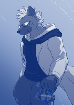 anthro binoculars bottomwear cloak clothed clothing eyewear fur glasses hair holding_binoculars holding_object hoodie looking_at_viewer male pants solo teeth topwear sakuhuu lifewonders live_a_hero roiker hyena mammal spotted_hyena 2026 blue_and_white hi_res monochrome