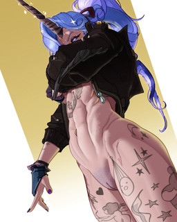 1_horn abs athletic athletic_female black_clothing black_jacket black_topwear blue_eyes blue_hair bottomless clothed clothing colored_nails eyelashes female front_view genitals hair horn jacket looking_at_viewer nails navel ponytail pubic_stubble purple_nails simple_background solo sparkles tan_body tan_skin tattoo thick_thighs topwear vulva white_background wide_hips yellow_background froggystyleart deadlock_(game) valve celeste_(deadlock) animal_humanoid equid equid_humanoid horned_humanoid humanoid mammal mammal_humanoid unicorn_humanoid 4:5 hi_res