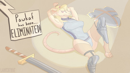 accessory anthro armor bound clothed clothing defeated dialogue ear_piercing ear_ring female fur hair hair_accessory melee_weapon nipple_outline piercing ring_piercing shield simple_background solo speech_bubble spotlight sword tail text weapon labyrinthkat pawkaf mammal mouse murid murine rodent 16:9 english_text hi_res signature widescreen