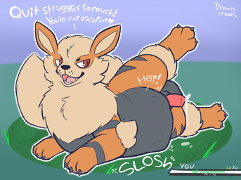 abdominal_bulge animal_genitalia animal_penis balls bodily_fluids canine_genitalia canine_penis dialogue feral fur game_ui genital_fluids genitals heart_after_text heart_symbol male open_mouth orange_body orange_fur penis precum raised_leg sharp_teeth struggling struggling_prey talking_to_prey teeth text vore drowzycroaks nintendo pokemon arcanine generation_1_pokemon pokemon_(species) english_text hi_res