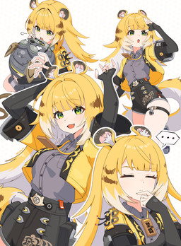 animal_ears bare_legs belt black_bottomwear black_clothing black_shorts blonde_hair blush bottomwear breasts clothed clothing collared_shirt dress_shirt fangs female fluffy_ears glistening glistening_hair green_eyes grey_dress_shirt hair jacket long_hair medium_breasts open_clothing open_jacket open_mouth open_topwear raised_hands shirt shorts simple_background speech_bubble striped_hair teeth text thigh_strap thinking topwear two_tone_tail white_background white_hair yellow_clothing yellow_jacket_(clothing) yellow_topwear young young_female young_humanoid hancho mihoyo zenless_zone_zero ju_fufu animal_humanoid felid felid_humanoid humanoid mammal mammal_humanoid pantherine pantherine_humanoid thiren tiger_humanoid absurd_res artist_name hi_res multiple_scenes