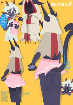 2_horns 3_eyes ambiguous_anthro ambiguous_gender anthro blush butt dialogue duo featureless_crotch hair horn multi_eye open_mouth red_eyes simple_background speech_bubble talking_to_another text white_body white_hair yellow_background kittem4 cult_of_the_lamb massive_monster_(studio) lamb_(cult_of_the_lamb) narinder bovid caprine domestic_cat felid feline felis mammal sheep 2025 digital_drawing_(artwork) digital_media_(artwork) english_text hi_res