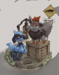 all_fours ambiguous_gender canid canine crate duo generation_4_pokemon generation_5_pokemon grass green_eyes looking_at_viewer mammal nintendo plant pokemon pokemon_(species) red_eyes riolu samidaro sign sitting standing tail zorua