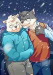 anthro black_nose bottomwear clothing duo eyes_closed eyewear glasses hoodie hug humanoid_hands male night pants slightly_chubby snow topwear pandarita bear canid canine canis mammal polar_bear ursine wolf 2018 hi_res