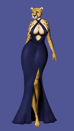 anthro big_breasts bottomwear breasts cleavage cleavage_cutout clock clothed clothing cutout dress female fur halterneck jewelry long_legs long_skirt markings navel necklace skirt solo spots spotted_body spotted_fur standing watch whiskers wristwatch yellow_body yellow_eyes yellow_fur bryncoops queen_lacheetah_(bryncoops) cheetah felid feline mammal 9:16 absurd_res hi_res
