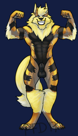 4_toes 5_fingers abs animal_genitalia animal_penis anthro balls biped claws digitigrade feet fingers flexing flexing_bicep flexing_both_biceps fully_sheathed genitals hindpaw male male_anthro muscular muscular_anthro muscular_male paws pecs penis sheath solo toe_claws toes lakhanto nintendo pokemon arcanine generation_1_pokemon pokemon_(species) letterbox