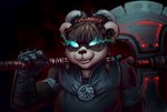 anthro axe battle_axe death_knight female glowing glowing_eyes melee_weapon simple_background solo weapon shadoca blizzard_entertainment warcraft death_knight_(warcraft) bear mammal pandaren undead