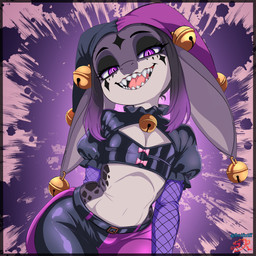 anthro bell clothing crazy_smile facial_markings fangs fishnet_clothing head_markings jester latex markings spanks_the_toon_kobold teeth wide_hips swiftriff kobold scalie absurd_res hi_res