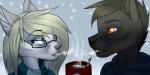 anthro beverage breath candy candy_cane chocolate clothed clothing dessert duo eyewear female food glasses hot_chocolate male open_mouth smile snow magic_(artist) canid canine mammal 2:1