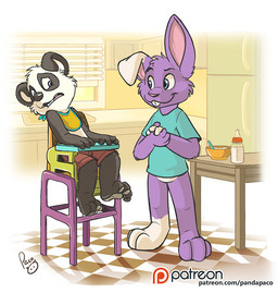 3_toes 4_toes anthro barefoot black_body black_fur blue_clothing blue_eyes blue_shirt blue_t-shirt blue_topwear bottomless bottomwear cheek_tuft closed_smile clothed clothing curling_toes duo facial_tuft featureless_crotch feet full_foot_pawpads fur glistening glistening_eyes gloves_(marking) grey_pawpads head_tuft inside kitchen leg_markings logo male markings mouth_closed open_mouth pawpads paws pink_inner_ear plantigrade red_bottomwear red_clothing red_shorts shirt shorts sitting smile socks_(marking) soles standing t-shirt teeth text toes topwear tuft white_body white_fur young young_anthro young_male pandapaco lagomorph leporid mammal rabbit artist_logo signature url
