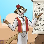 anthro black_nose brown_body brown_eyes brown_fur clothed clothing fez fingerless_(marking) fur hat headgear headwear male open_mouth solo tail teeth text foxenawolf fundi herpestid mammal meerkat 1:1 english_text