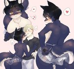 anthro big_breasts black_hair blonde_hair blue_body blue_eyes blue_fur blush breast_squish breasts butt clothed clothing duo exclamation_point female fur hair heart_symbol human_on_anthro inner_ear_fluff interspecies kemono lingerie looking_at_another looking_at_viewer male male/female orange_eyes panties short_hair squish tuft underwear underwear_only white_body white_fur htg canid canine canis human mammal wolf hi_res shaded