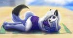 anthro beach book breasts clothed clothing female fur hair long_hair purple_cloth purple_eyes sand sea seaside slightly_chubby solo sun thick_thighs water white_body white_fur white_hair wide_hips aquas_sirenix elementals_(aquassirenixpower) serenity_paradise canid canine fox mammal 2018 hi_res