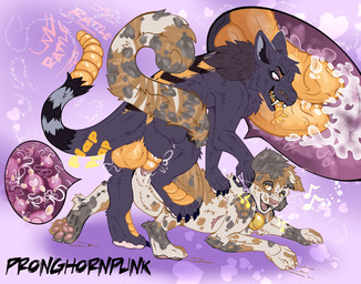 all_fours andromorph anthro balls bell bell_collar big_balls bodily_fluids claws clitoris collar cum cum_inside double_penetration double_vaginal drooling duo erection fangs feral fur genital_fluids genitals hair impregnation internal intersex intersex/male looking_at_another looking_at_partner looking_pleasured male male_penetrating markings mastectomy_scar mottled multi_genitalia multi_penis nude onomatopoeia open_mouth ovum pawpads penetration penile penile_penetration penis penis_in_vagina piebald raised_leg raised_tail rattle_(anatomy) saliva scales scar sex simple_background smile sound_effects spread_legs spreading tail teeth text tongue tongue_out vaginal vaginal_penetration vulva white_body pronghornpunk fallout microsoft calico_cat domestic_cat felid feline felis hybrid mammal night_stalker_(fallout) scottish_fold absurd_res digital_media_(artwork) hi_res trans_(lore) trans_man_(lore)