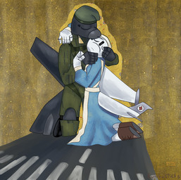 aircraft anthro beret boots clothed clothing duo female female/female flight_suit footwear hat headgear headwear holding_another kissing kissing_cheek kneeling machine nurse_clothing nurse_uniform parody runway shoes uniform vehicle bunchasticks gustav_klimt bombardier learjet_35 su-47 sukhoi mayday_(bunchasticks) vlada_(bunchasticks) aeromorph living_aircraft living_machine living_vehicle hi_res