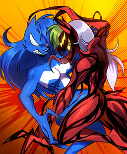 anthro blue_body clenched_teeth open_mouth red_body simple_background smile teeth white_eyes kato777 five_nights_at_freddy's five_nights_at_freddy's:_security_breach hellaverse helluva_boss marvel scottgames steel_wool_studios carnage_(marvel) loona_(helluva_boss) roxanne_wolf venom_(marvel) symbiote absurd_res crossover hi_res