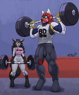 abs barbell big_penis black_body black_hair blush bodily_fluids bottomless breasts clothed clothing dreadlocks exercise female genital_fluids genitals hair inside long_hair male muscular muscular_male penis penis_awe red_hair vaginal_fluids weights workout bear213 bdgym nintendo pokemon kuma_grizzly maxine_(tamashii) bewear generation_3_pokemon generation_7_pokemon mightyena pokemon_(species) hi_res