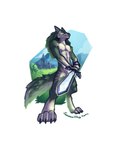 anthro blue_eyes closed_smile ear_piercing ear_ring featureless_crotch fur green_body green_fur holding_melee_weapon holding_object holding_sword holding_weapon male melee_weapon mouth_closed nude piercing ring_piercing smile solo standing sword weapon white_body white_fur timmothy_arts nintendo the_legend_of_zelda link_(wolf_form) canid canine canis mammal wolf 4:5 full-length_portrait hi_res portrait signature