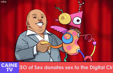 bald brown_body brown_skin clothing curtains duo grey_clothing grey_suit hand_on_shoulder lobster_claws looking_at_viewer male news news_report not_furry overweight overweight_human overweight_male rag_doll_(toy) smile smiling_at_viewer suit text wings yellow_sclera junpainter ceo_of_sex glitch_productions the_amazing_digital_circus jacob_batalon zooble_(tadc) animate_inanimate human humanoid living_toy mammal shape_head 2026 absurd_res english_text hi_res signature nonbinary_(lore)