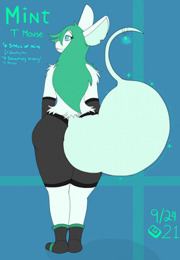 ambiguous_gender ambiguous_pred ambiguous_prey anthro anthro_pred arm_tuft armwear back_tuft black_armwear black_bottomwear black_clothing black_footwear black_shorts black_socks blue_background blue_eyes bottomwear buckteeth butt clothing footwear fur green_background green_body green_fur green_hair hair healing_vore long_hair notched_ear raised_tail shorts shoulder_tuft simple_background smile socks solo standing tail tail_bulge tail_fetish tail_play tail_vore teeth text tuft unseen_prey vore dezzykitsune mint_(dezzykitsune) mammal mouse murid murine rodent 2021 character_name dated english_text hi_res model_sheet species_name male_(lore)