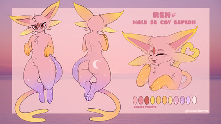 anthro big_butt butt chest_tuft femboy forehead_gem front_view fur gem male pawpads paws pink_body pink_fur purple_body purple_fur rear_view solo tail thick_thighs tuft yellow_body yellow_fur inkyslinky nintendo pokemon fan_character ren_(abadmemexd1) eeveelution espeon generation_2_pokemon pokemon_(species) 16:9 4k absurd_res hi_res model_sheet widescreen