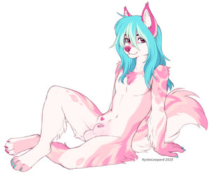 4_toes 5_fingers anthro blue_hair claws digitigrade feet femboy fingers fur hair heart_symbol looking_at_viewer male nude pink_body pink_fur red_eyes simple_background sitting smile solo toe_claws toes white_background kyotoleopard canid canine canis domestic_dog mammal 2020 absurd_res dated digital_media_(artwork) hi_res