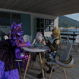 anthro armwear bikini birthmark black_body black_fur black_hair clothing female fur gloves group hair handwear headgear headwear heart_(marking) heart_symbol legwear markings missing_texture moon_(marking) orange_body orange_fur orange_hair pink_body pink_fur pink_hair purple_body purple_fur purple_hair sea sitting smile swimwear talking_to_another trio two-piece_swimsuit water burtrevolution mihoyo zenless_zone_zero deadrevolution_(burtrevolution) pulchra_fellini zhao_(zenless_zone_zero) canid canine felid feline fox lagomorph leporid mammal rabbit 1:1 3d_(artwork) absurd_res blender_(artwork) digital_media_(artwork) hi_res