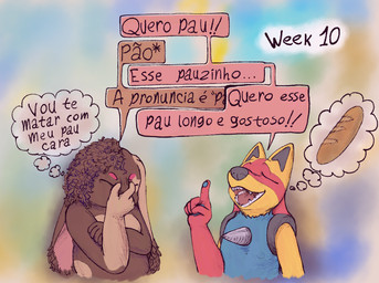 alternate_color ambiguous_gender anthro bread brown_body curly_hair dialogue duo eyes_closed facepalm fangs female fingers food frown fur gesture hair hand_gesture humor joke lewd_humor long_ears open_mouth open_smile overweight overweight_female pawpads pointing sidecut simple_background smile spikes teeth text thought_bubble time_skip tongue ray_karr nintendo pokemon cheesecake_(mei_cheesecake) ray_karr_lucario_(ray_karr) canid canine domestic_rabbit generation_4_pokemon lagomorph leporid lop_rabbit lucario mammal oryctolagus pokemon_(species) rabbit digital_media_(artwork) english_text portuguese_text nonbinary_(lore) trans_(lore) trans_woman_(lore)