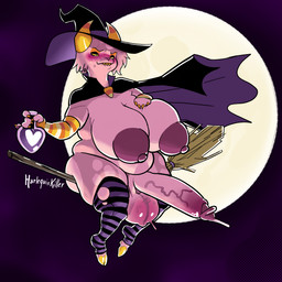 anthro arm_warmers armwear balls_expansion belly belly_expansion big_breasts big_butt big_penis blush bodily_fluids breast_expansion breasts butt butt_expansion clothed clothing dripping expansion footwear genital_expansion genital_fluids genitals gynomorph hat headgear headwear horn huge_breasts huge_butt huge_penis intersex legwear nipples pattern_arm_warmers pattern_armwear pattern_clothing pattern_footwear pattern_legwear pattern_socks penis precum precum_drip puffy_nipples sharp_teeth socks solo striped_arm_warmers striped_armwear striped_clothing striped_footwear striped_socks stripes teeth topless underwear witch_costume witch_hat harlequinkiller vikkie_(harlequinkiller) bovid caprine caprine_demon demon domestic_cat felid feline felis goat goat_demon hybrid mammal 1:1 absurd_res hi_res