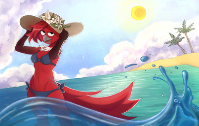 anthro beach beak bikini clothing cloud feathers female flower_in_hat front_view hair hat headgear headwear looking_at_viewer neck_tuft palm_tree partially_submerged plant red_body red_feathers red_hair seaside sky solo standing_in_water sun sun_hat swimwear tail tail_feathers tree tuft two-piece_swimsuit sudnk anais_(realanaily) avian bird