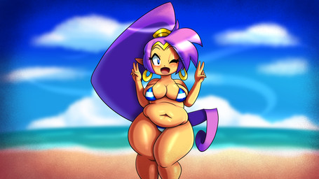 beach belly belly_overhang big_breasts big_hair big_navel bikini biped blue_eyes blurred_background breasts cleavage clothed clothing crown curvy_figure day deep_navel double_v_sign ear_piercing ear_ring eyelashes female front_view gesture glistening glistening_body glistening_skin hair hand_gesture happy headgear huge_hips humanoid_pointy_ears long_hair looking_at_viewer muffin_top navel not_furry one_eye_closed open_mouth open_smile outside overweight overweight_female overweight_humanoid pattern_bikini pattern_clothing pattern_swimwear piercing pointy_ears ponytail purple_hair ring_piercing sea sky slightly_chubby slightly_chubby_female slightly_chubby_humanoid smile smiling_at_viewer solo standing striped_bikini striped_clothing striped_swimwear stripes swimwear tan_body tan_skin thick_thighs tiara two-piece_swimsuit v_sign water wide_hips wink winking_at_viewer hooligan_freak shantae_(series) wayforward shantae genie humanoid mammal 16:9 2020 4k absurd_res alternate_version_at_source digital_drawing_(artwork) digital_media_(artwork) hi_res portrait three-quarter_portrait wallpaper widescreen