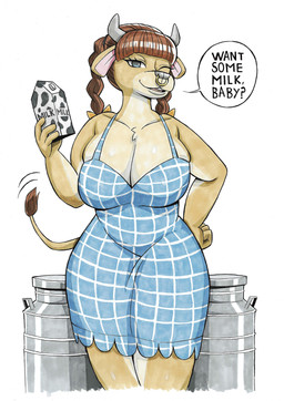 anthro big_breasts braided_pigtails breasts clothing container dialogue dress facial_piercing female horn huge_breasts milk_carton milk_container milk_tank nose_piercing nose_ring one_eye_closed piercing ring_piercing solo speech_bubble wink oluttzada bovid bovine cattle mammal absurd_res hi_res